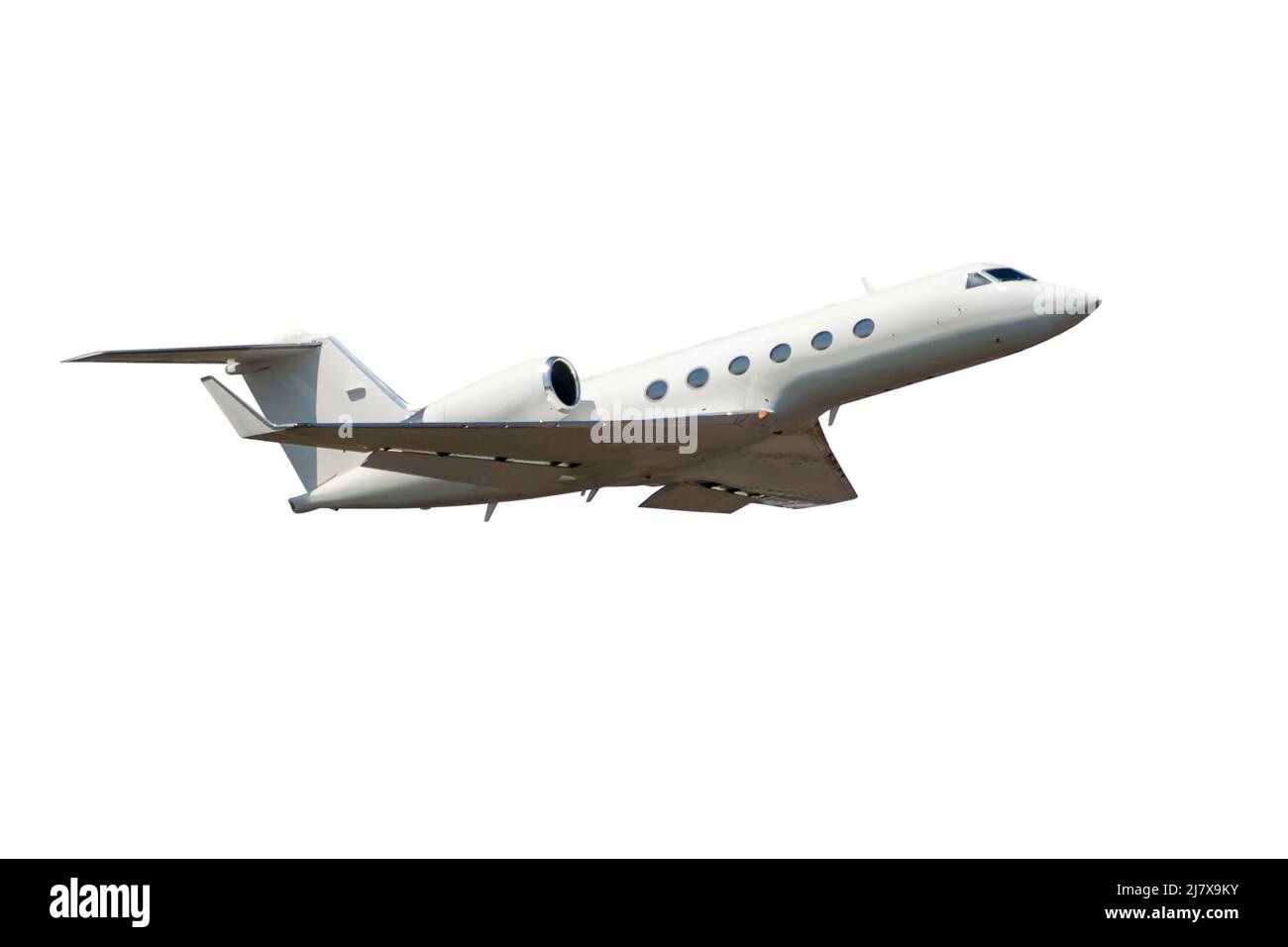 White luxury private jet flies isolated on white background Stock Photo