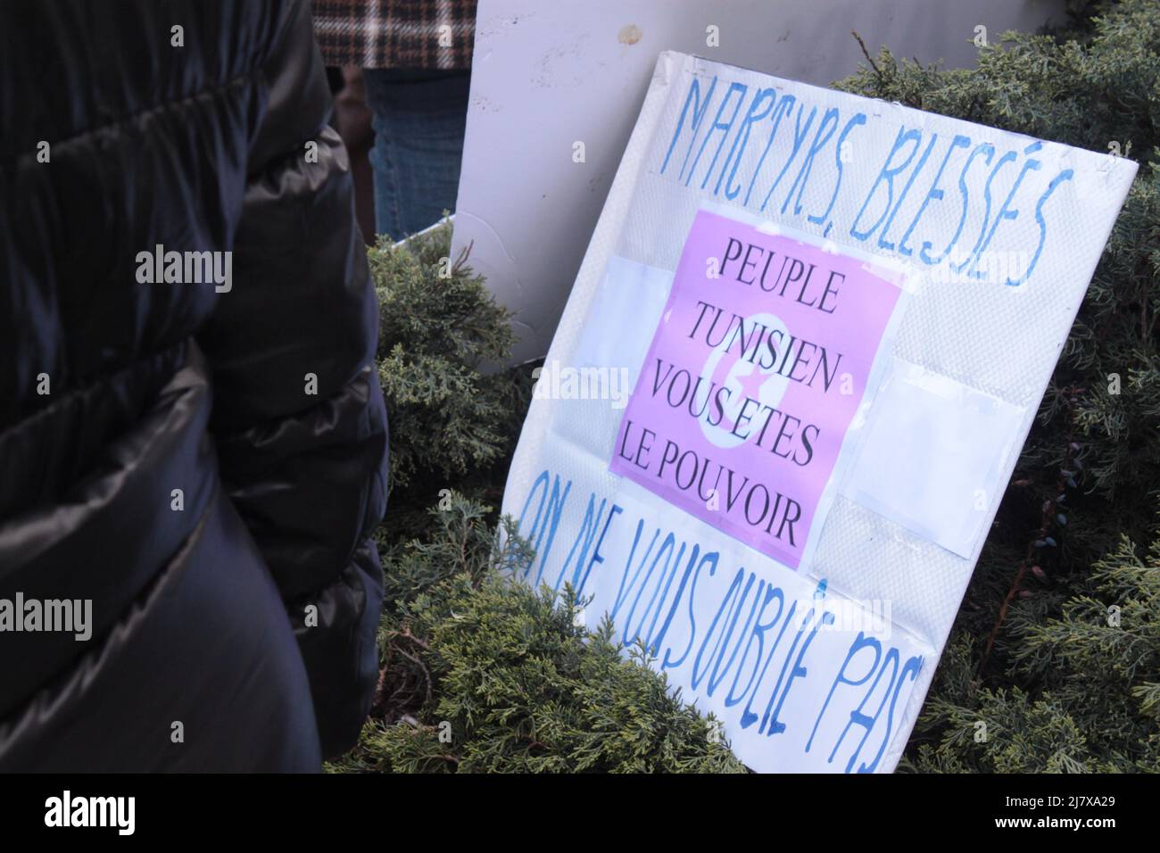 Paris, France – A protest sign reading “Martyrs wounded, Tunisian ...