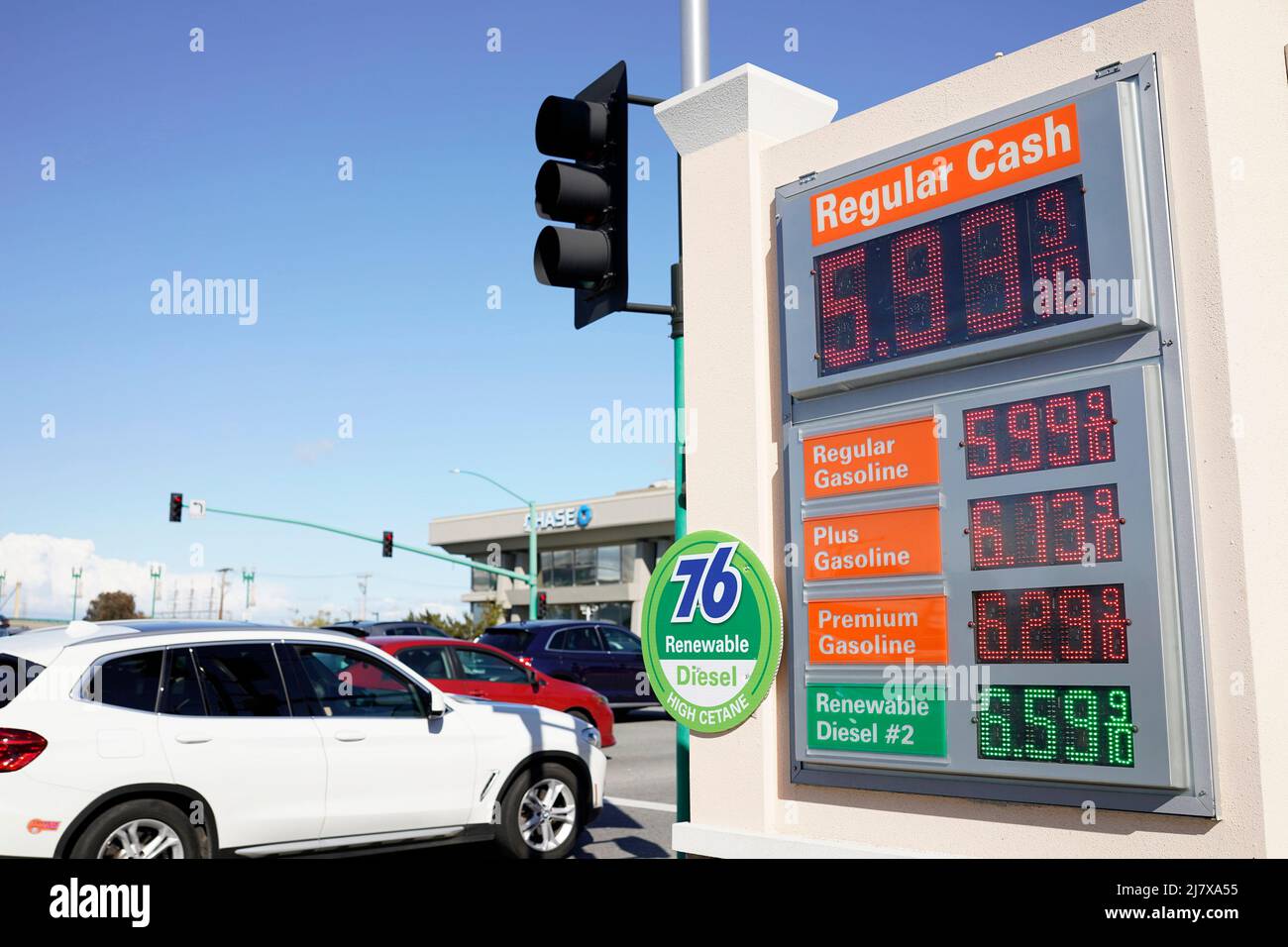 (220511) -- MILLBRAE, May 11, 2022 (Xinhua) -- Gasoline and diesel prices are displayed at a gas station in Millbrae, California, the United States, May 10, 2022. The national average prices for regular gasoline and diesel in the United States both climbed to fresh record highs Tuesday. According to the American Automobile Association (AAA), which provides the latest gas price analysis based on data from 130,000 gas stations nationwide, the regular gas price rose four cents on Tuesday to 4.37 U.S. dollars a gallon, overtaking the prior record of 4.33 dollars on March 11. (Photo by Li Jianguo Stock Photo