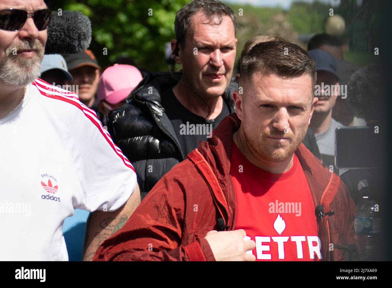 Telford, Shropshire, UK. 7th May 2022. Approximately 400 protesters take part in a demonstration in Telford with EDL founder Tommy Robinson Stock Photo
