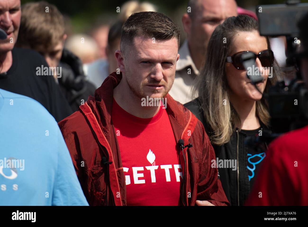Telford, Shropshire, UK. 7th May 2022. Approximately 400 protesters take part in a demonstration in Telford with EDL founder Tommy Robinson Stock Photo