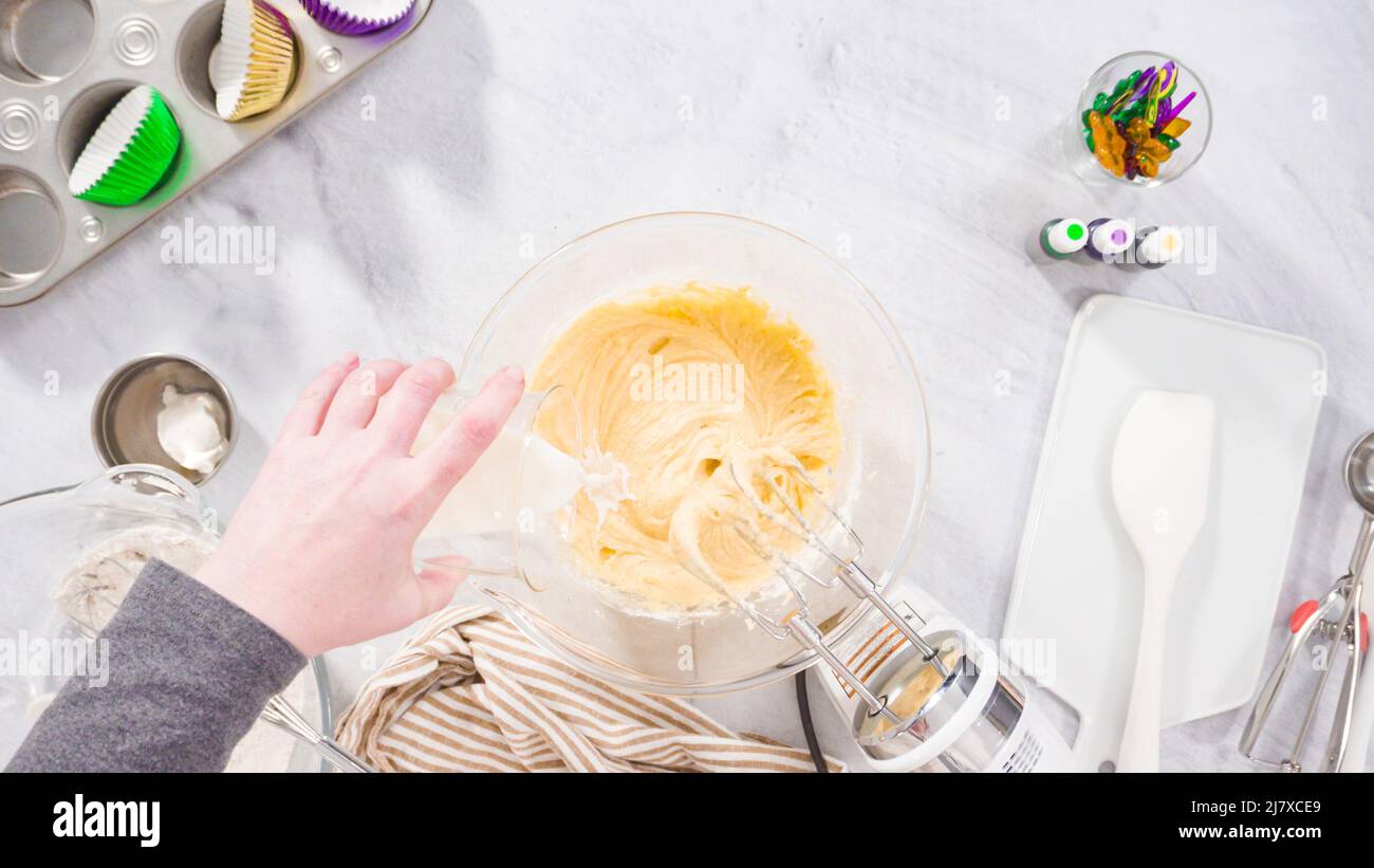 Flat lay. Step by step. Mixing ingredient in a mixing bowl with an