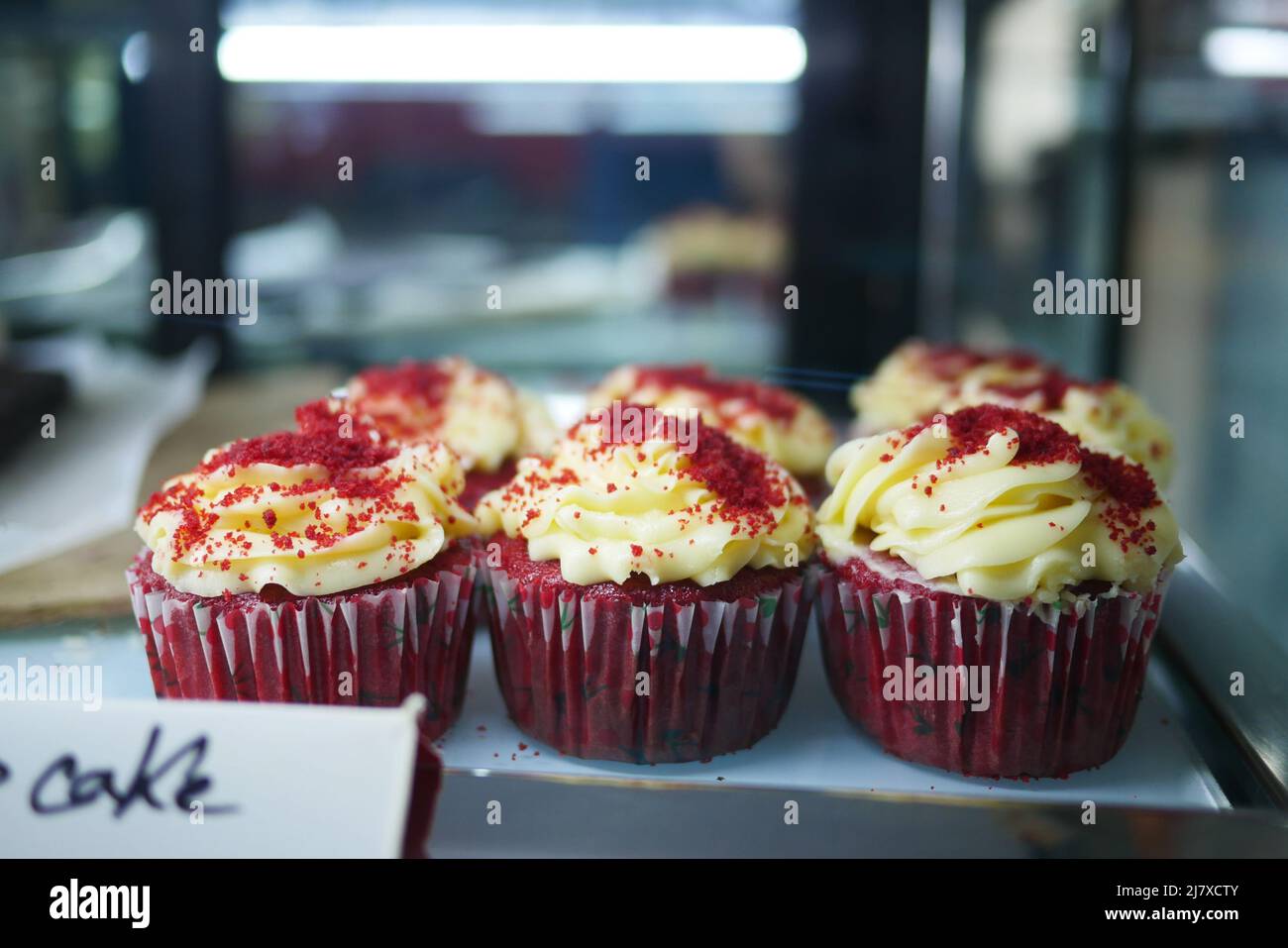 close up of chocolate muffin display for sale at local store Stock