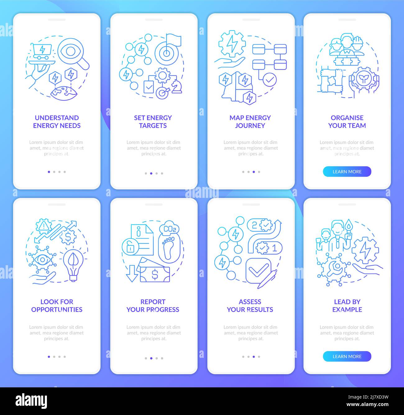 Energy strategy blue gradient onboarding mobile app screen set Stock ...