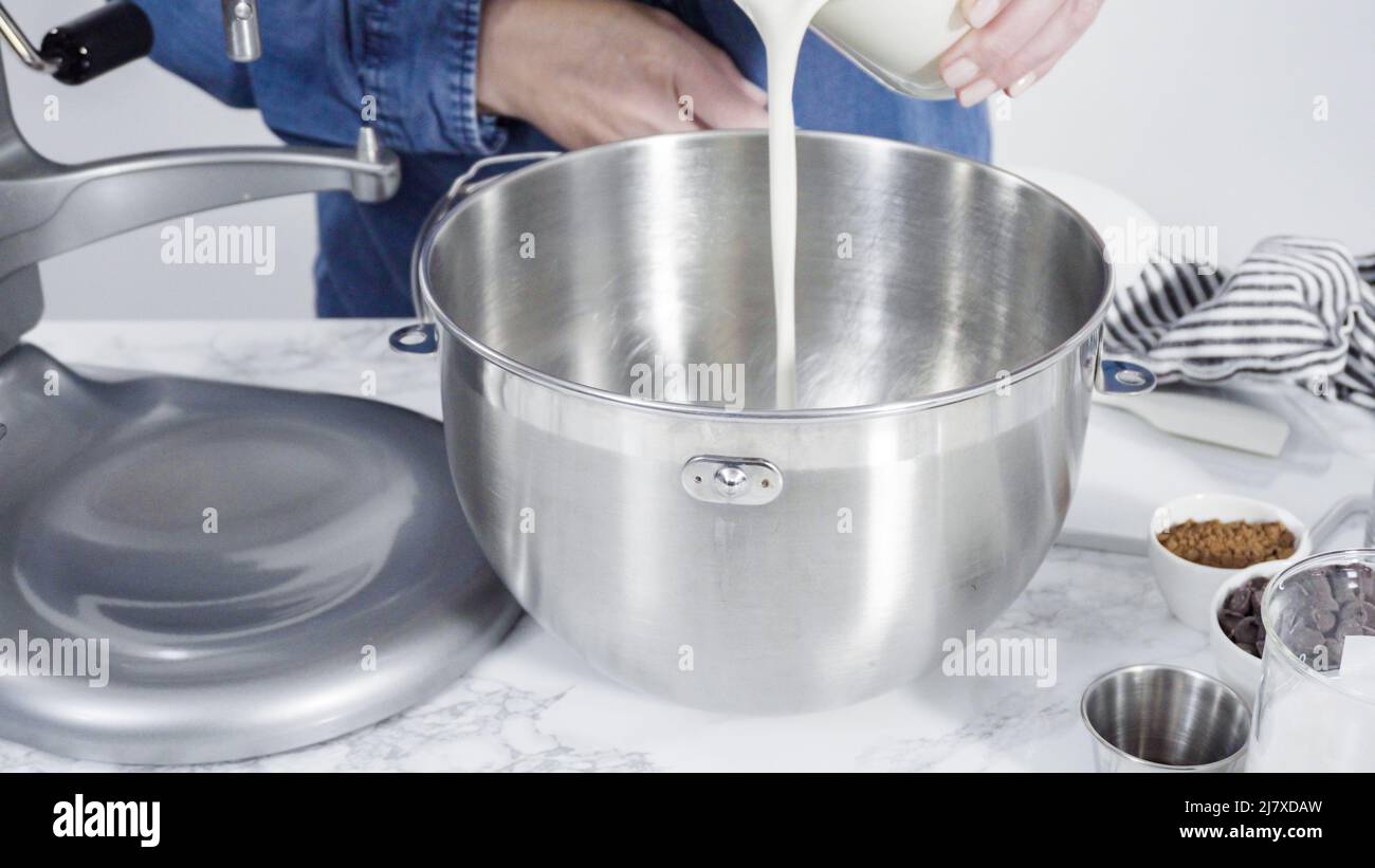 Step by step. Preparing homemade chocolate ice cream in a standing kitchen mixer Stock Photo Alamy