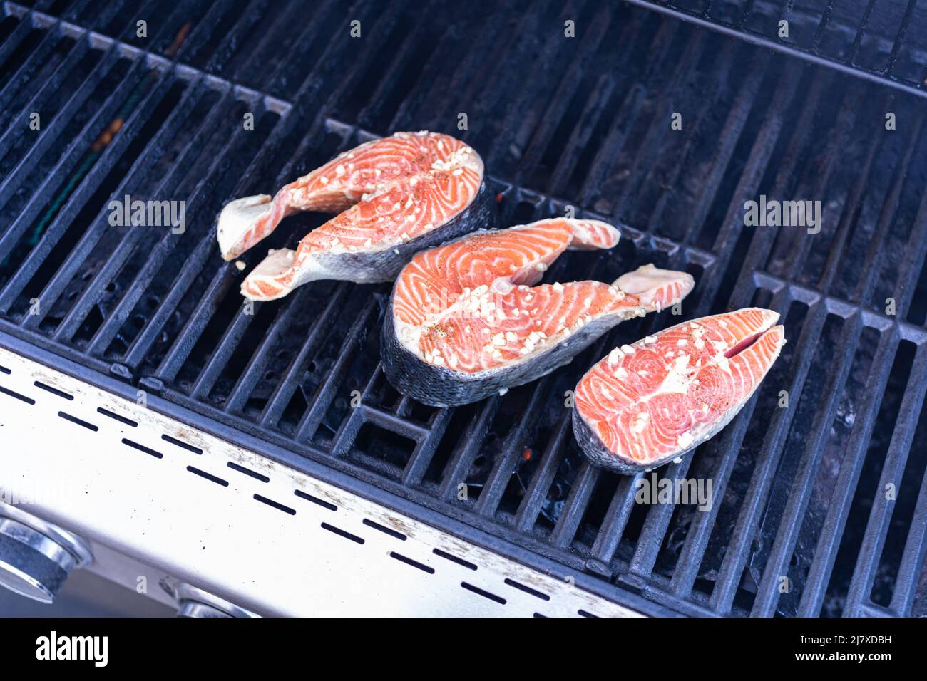 Grilling salmon steaks on an outdoor gas grill Stock Photo - Alamy
