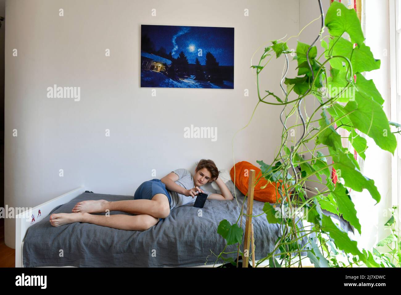 boy relaxing on the bed with smart phone Stock Photo