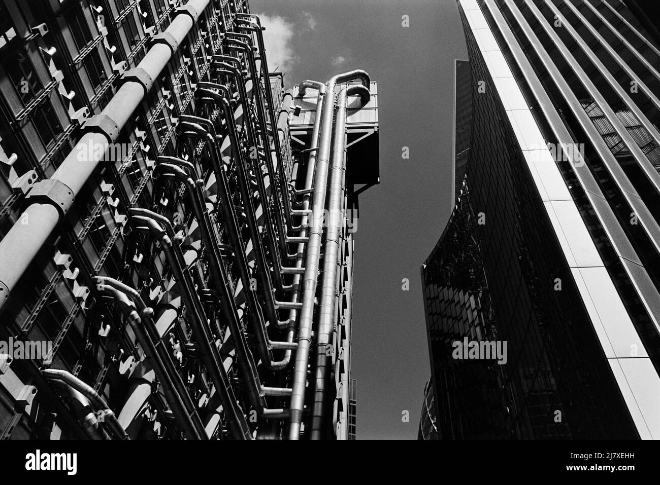 The Lloyds Building exterior in the City of London, South East England, looking upwards Stock Photo
