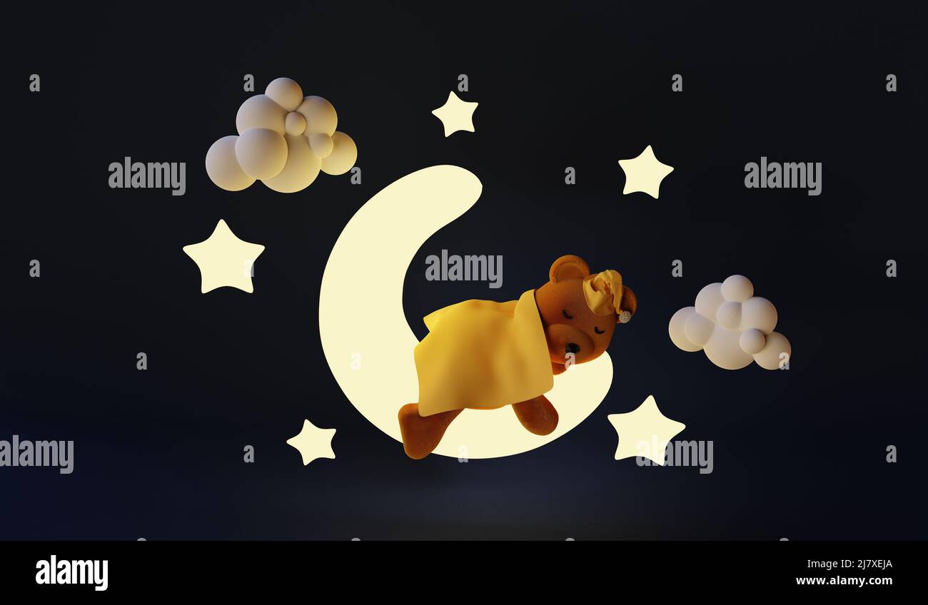 Cute little teddy bear sleeping on the moon. 3D render Stock Photo - Alamy