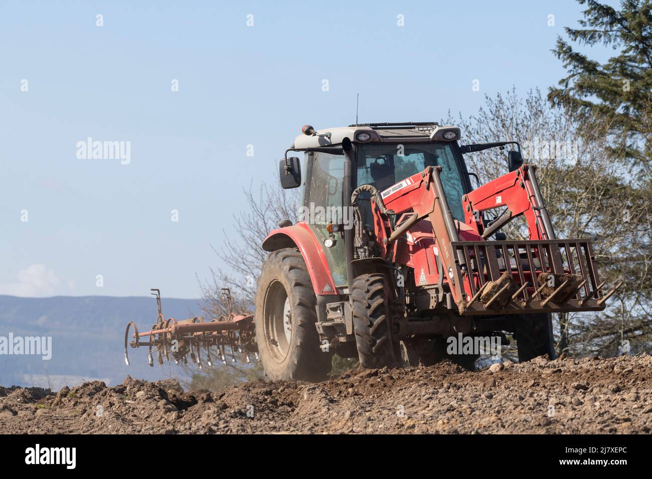 A Massey Ferguson Tractor with a Front Loader and a Suspended Cultivator Turning in a Ploughed Field in Sunshine Stock Photo