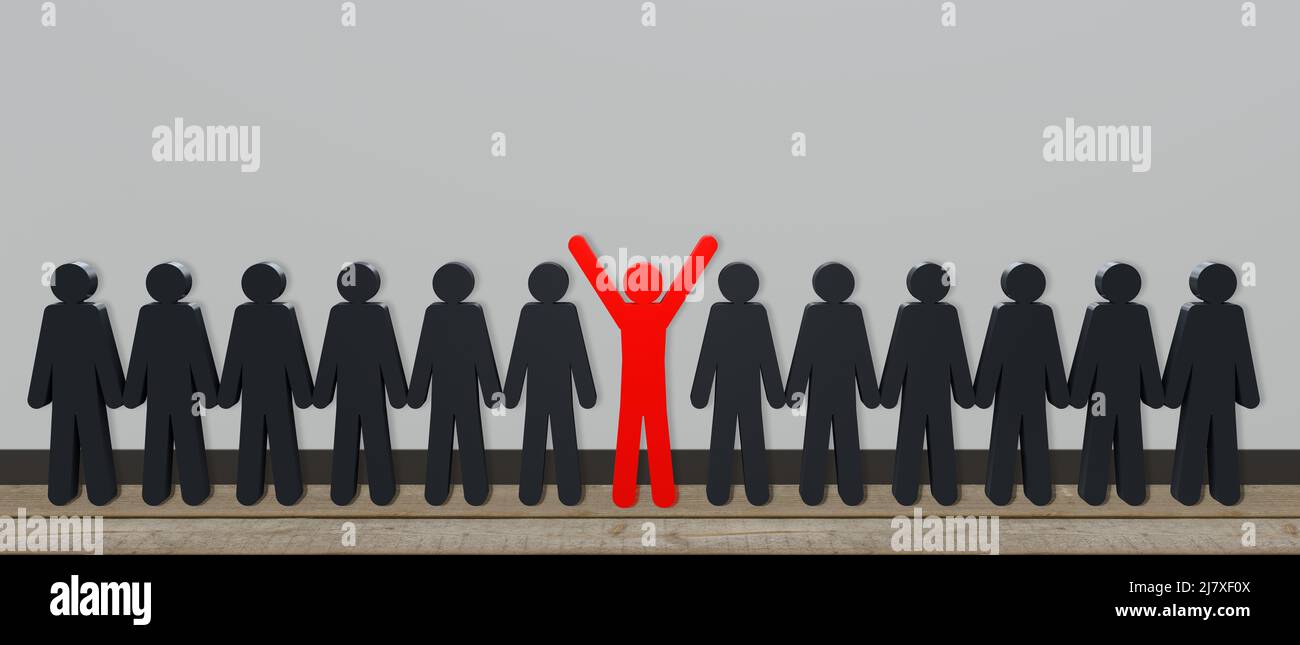 Stand Out Red Row of people from which one person stands out in red. 3d rendering ...
