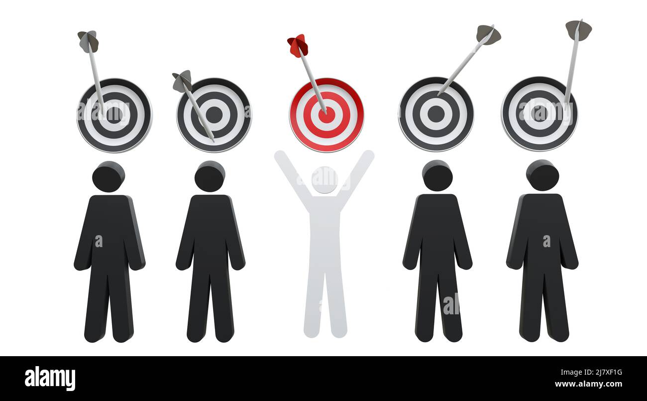 A series of figures with targets above their heads. Only one character is happy because it hit the target. 3d rendering Stock Photo