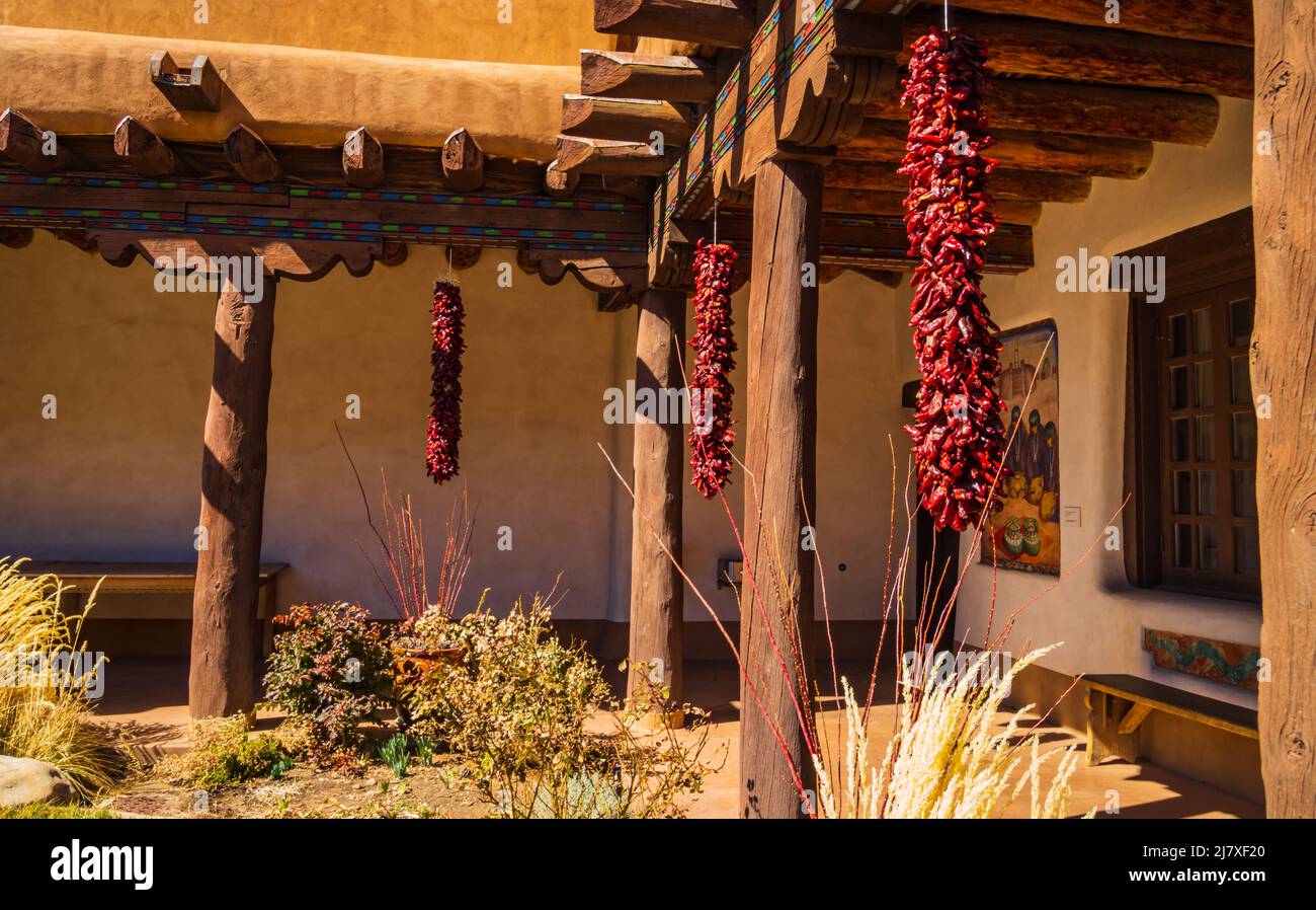 courtyard of historic Adobe Pueblo building housing the New Mexico Museum of Art in Santa Fe, New Mexico Stock Photo