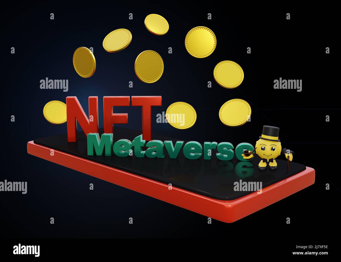 NFT and Metaverse lettering with blank coins and a funny 3d character ...