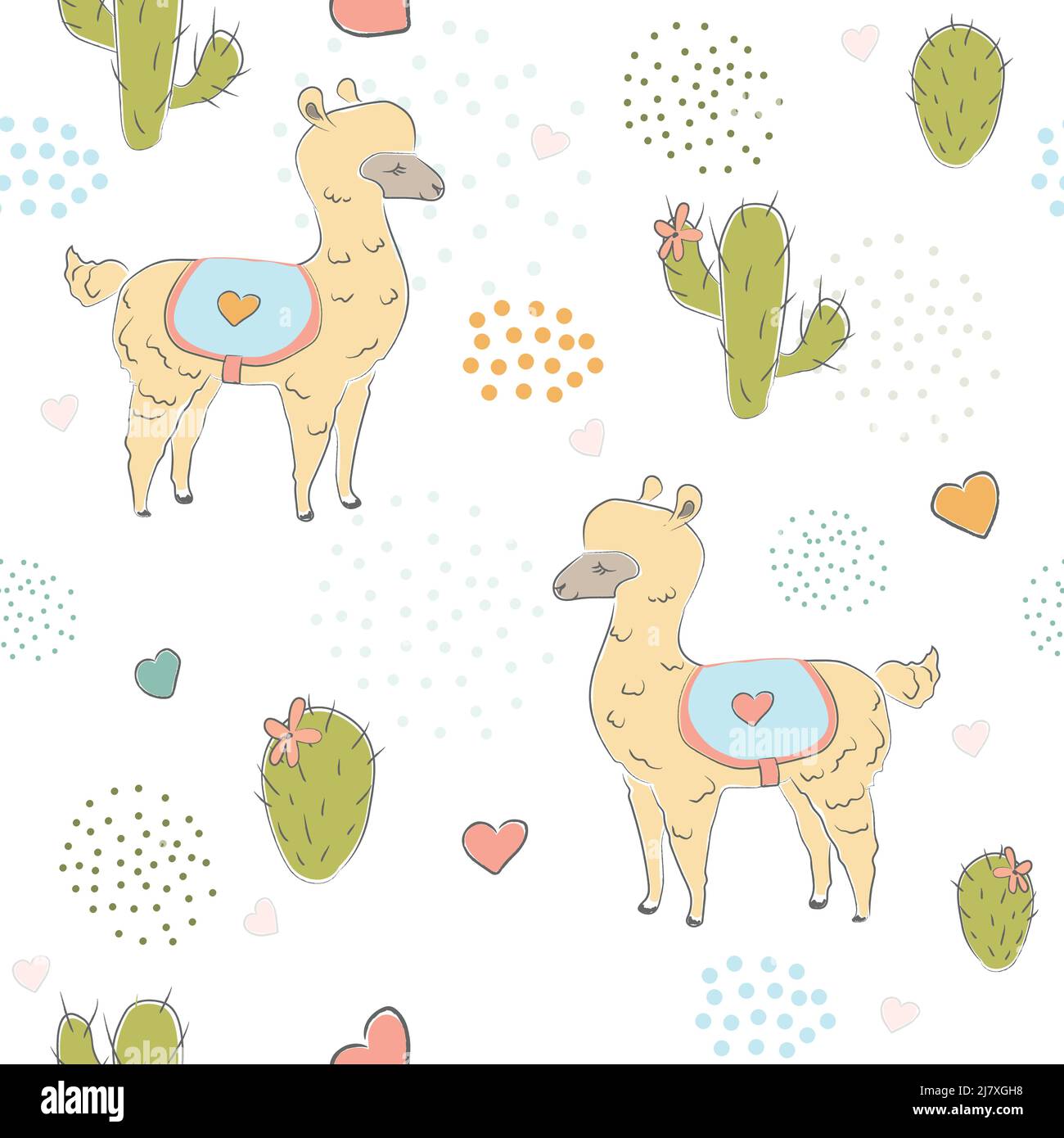 Hand Drawn Seamless Pattern with young alpacas, cacti and hearts on ...