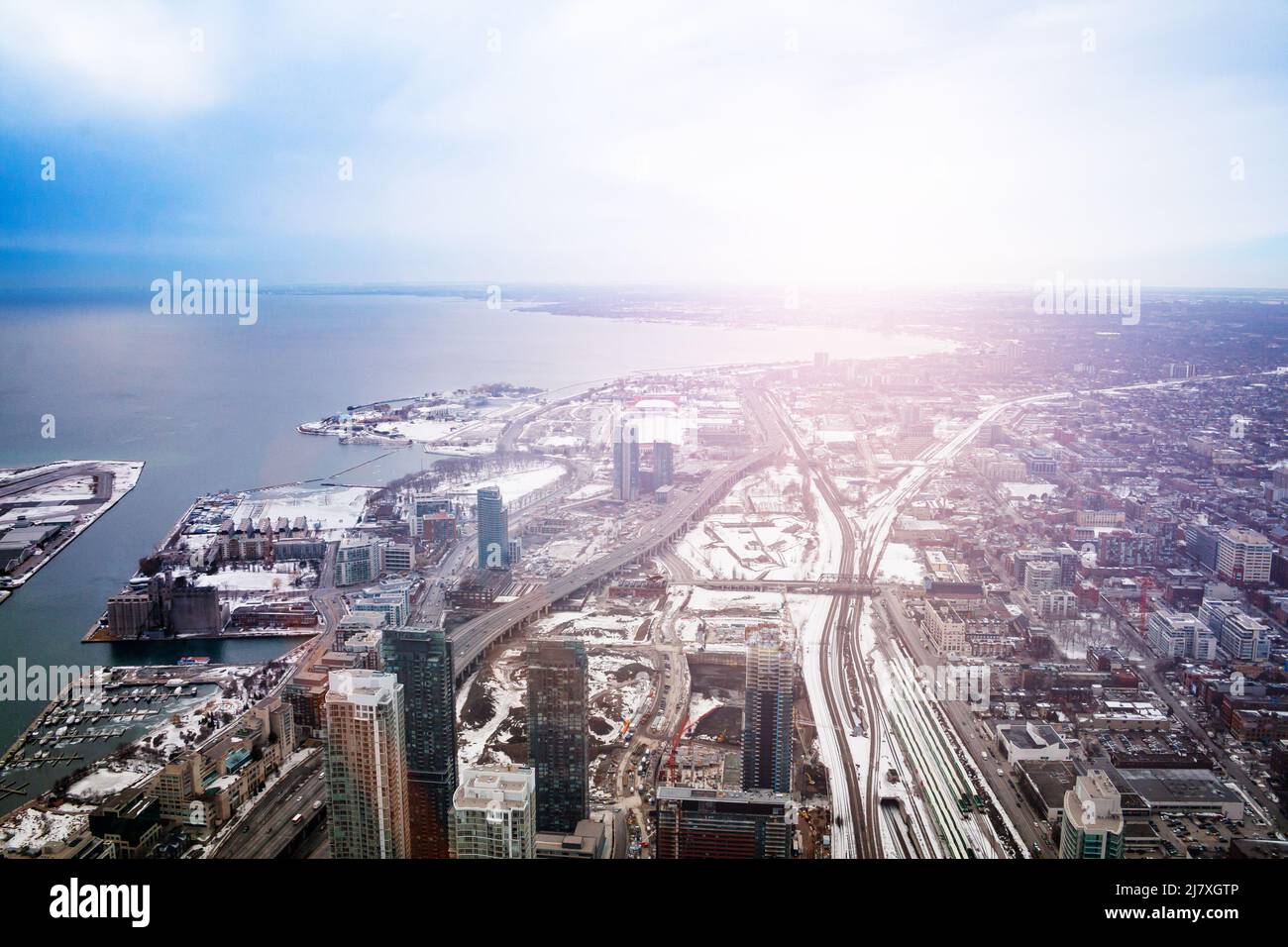 Toronto city downtown and Ontario lake at winter aerial view Stock Photo