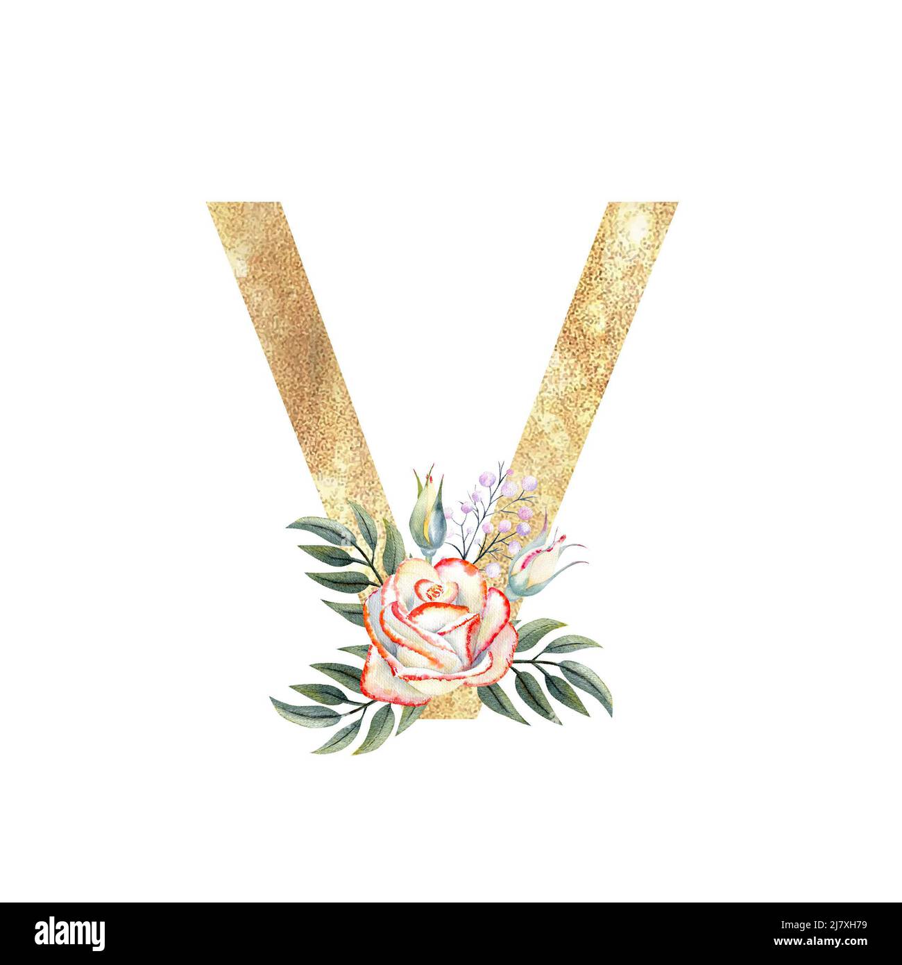 V With Roses Golden letter V of the English alphabet with a bouquet of pink roses on ...