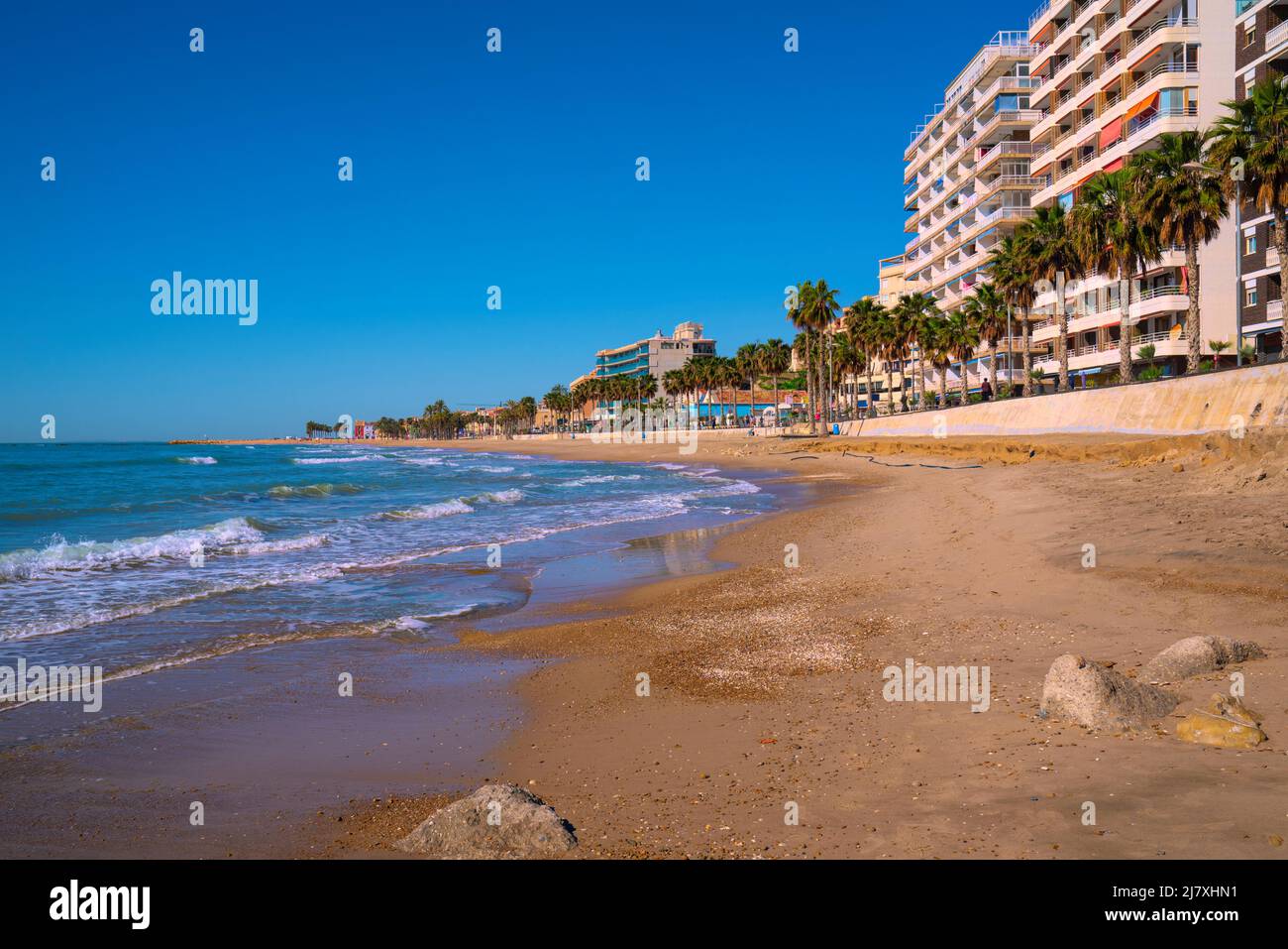 Villajoyosa Spain beach sand sea and palm trees Costa Blanca Alicante Stock Photo
