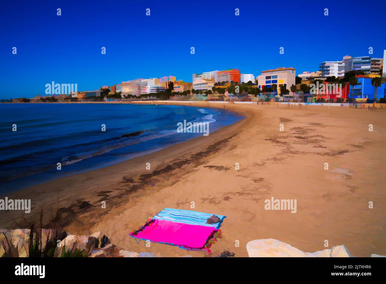 Villajoyosa Spain beach towel sand sea and palm trees illustration Costa Blanca Alicante Stock Photo