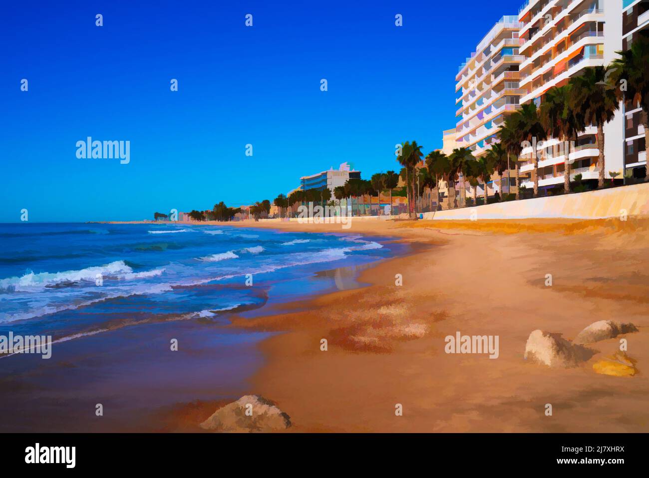 Villajoyosa beach Spain sand sea and palm trees illustration Costa Blanca Alicante Stock Photo