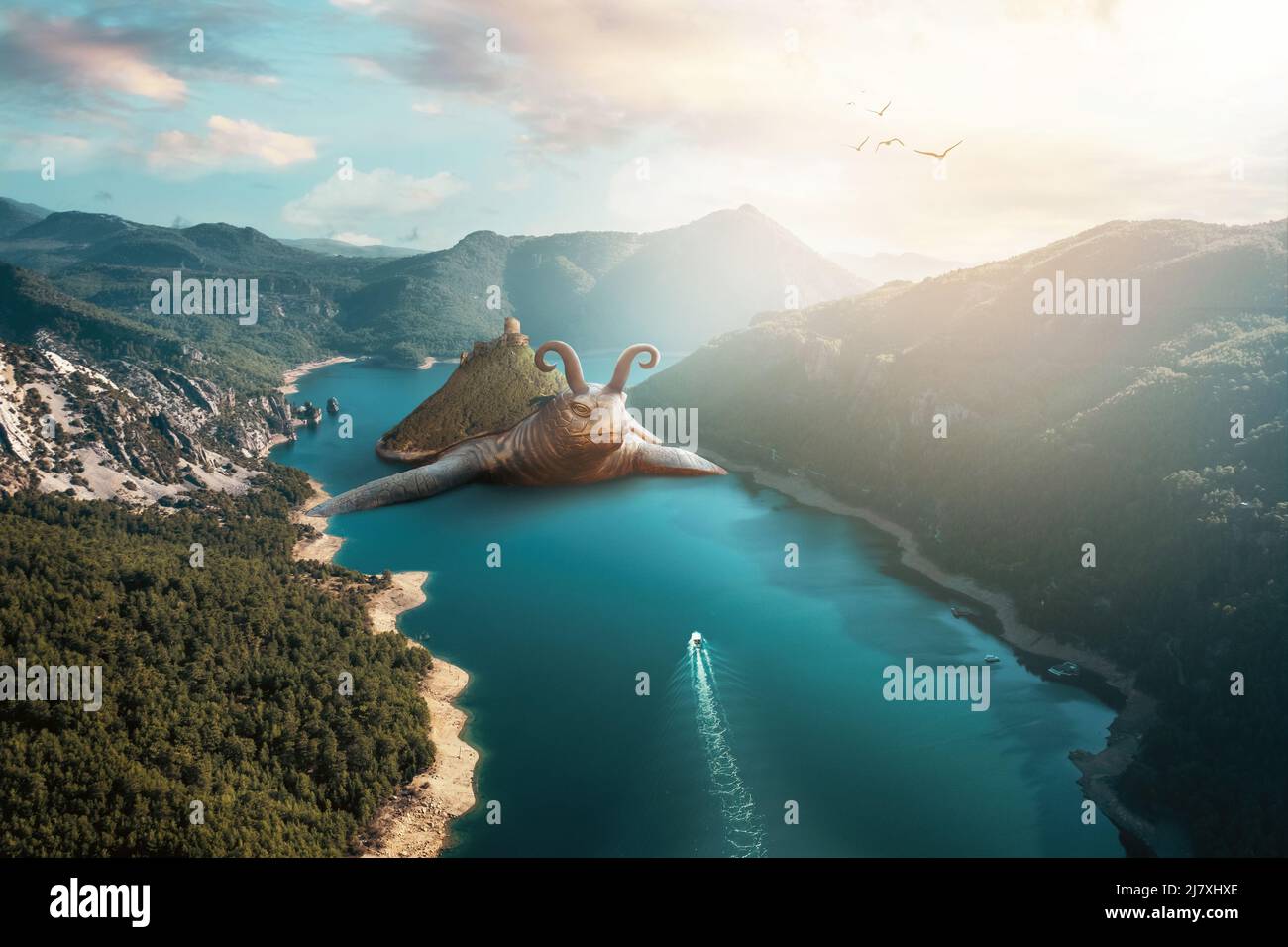 A giant sea turtleis swiming in a potemic between mountains. Unrealistic fantasy and nature concept. High quality photo Stock Photo