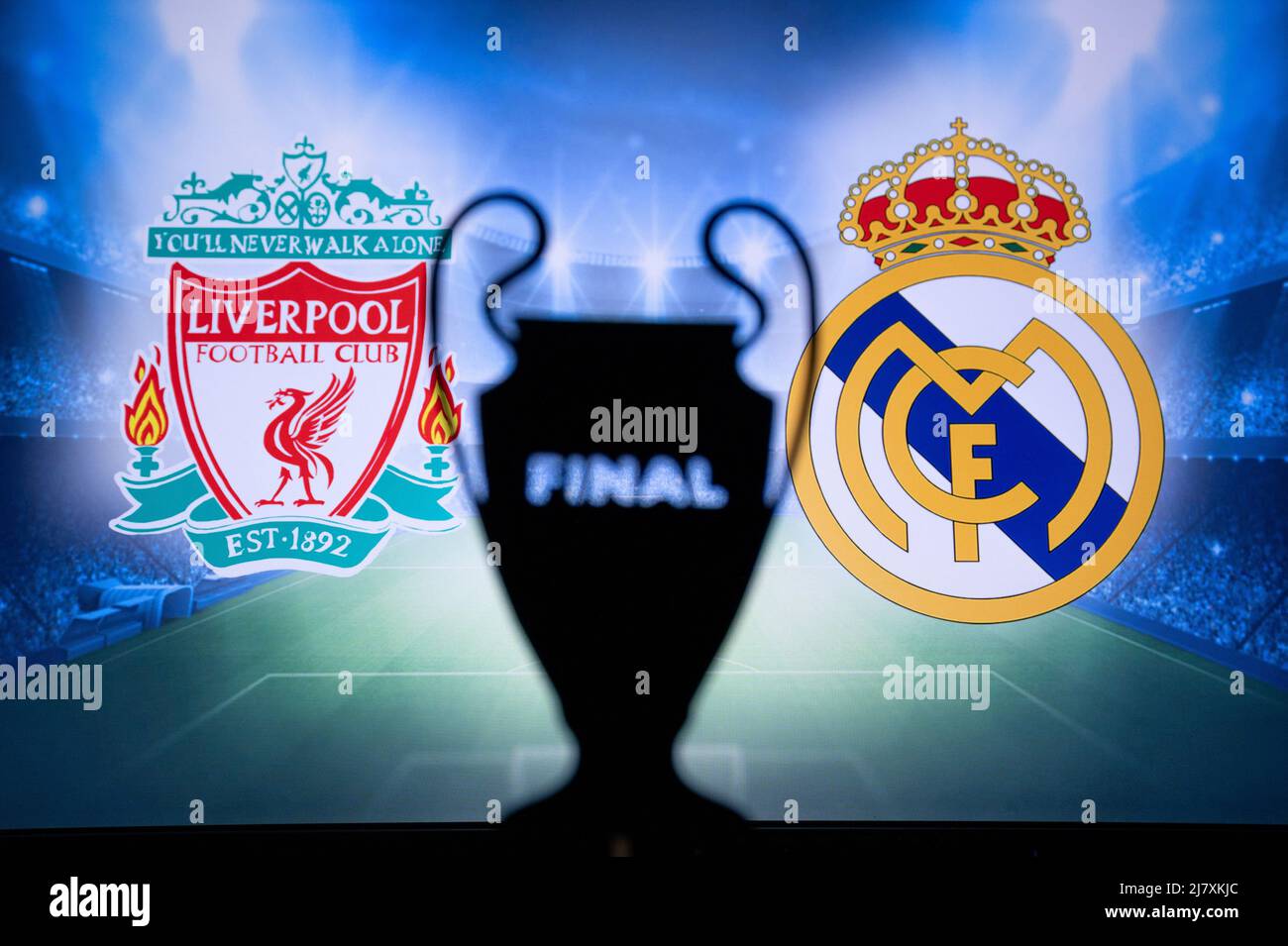 PARIS, FRANCE, MAY. 8. 2022: FC Liverpool (ENG) vs Real Madrid (ESP). UEFA Champions League Final 2022 in Paris, France, football soccer, Black UCL Tr Stock Photo