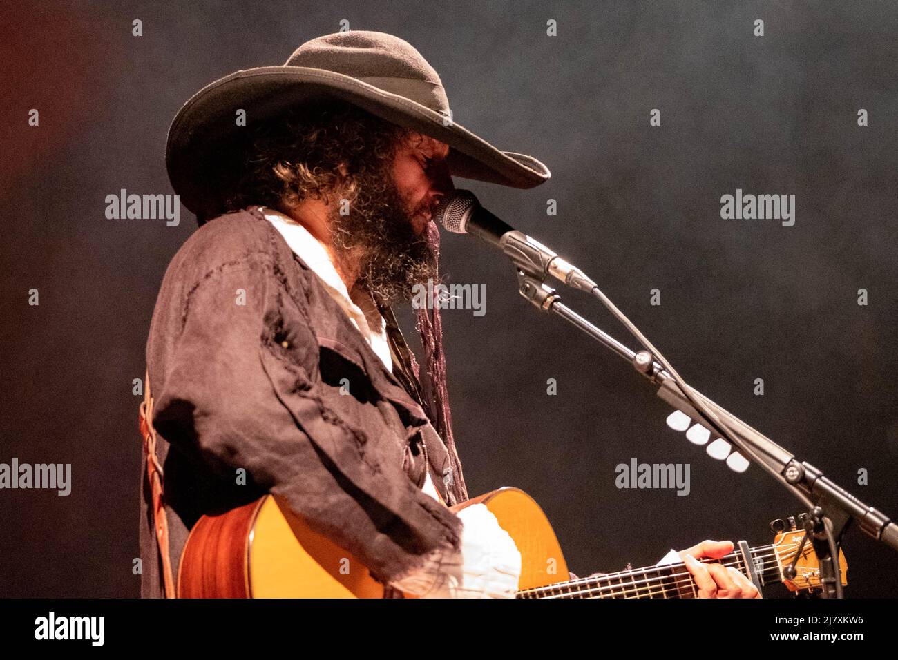 Vinicio Capossela, an Italian sing-song writers and multi-instrumentalist player, performs in Teatro Romano (Verona) at 22 July 2021 for his tour. Stock Photo