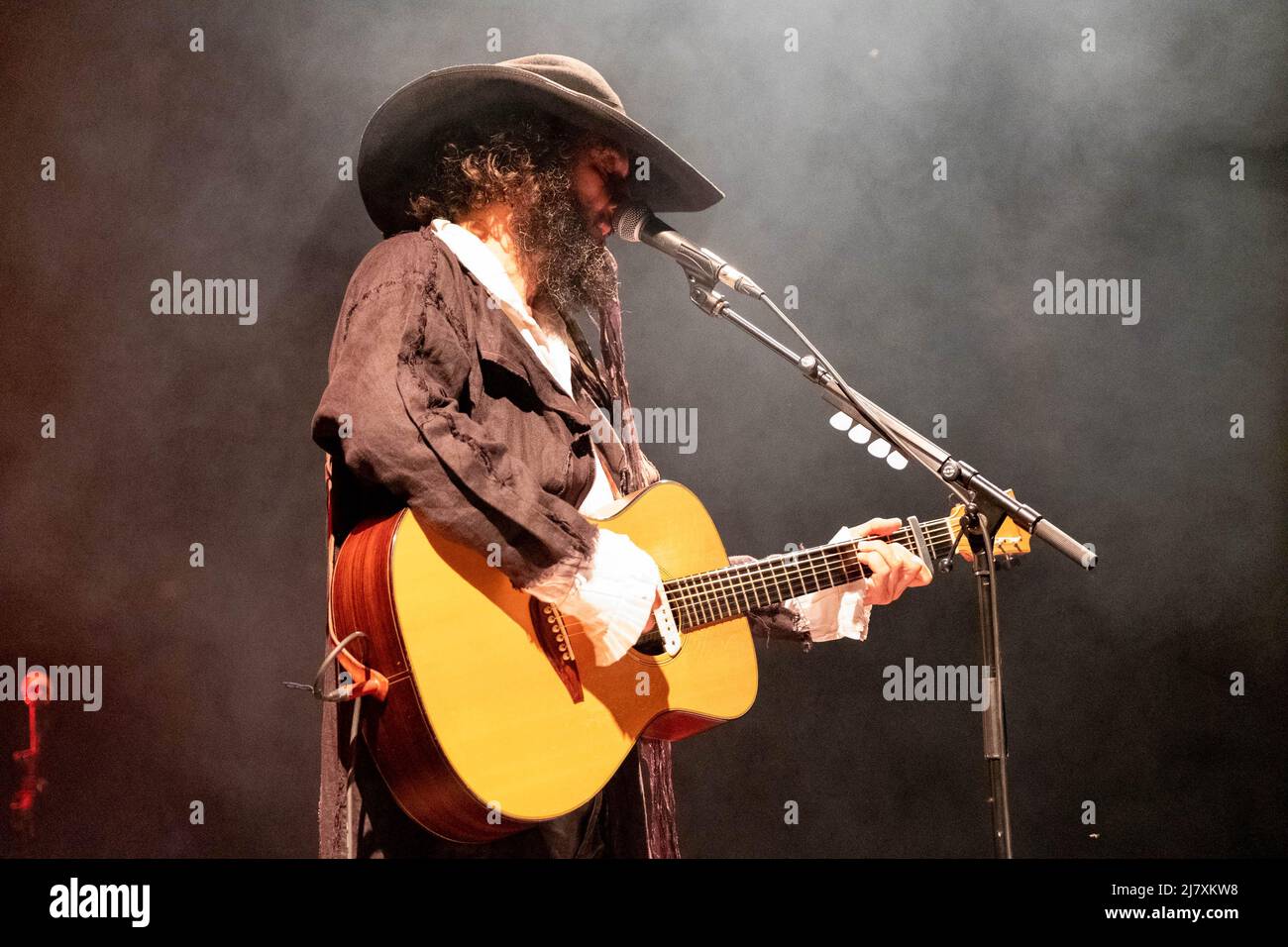 Vinicio Capossela, an Italian sing-song writers and multi-instrumentalist player, performs in Teatro Romano (Verona) at 22 July 2021 for his tour. Stock Photo