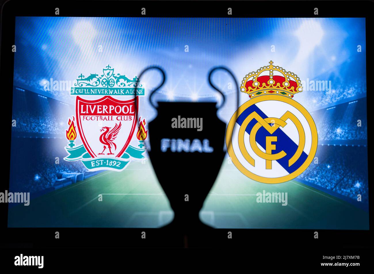 PARIS, FRANCE, MAY. 8. 2022: FC Liverpool (ENG) vs Real Madrid (ESP). UEFA Champions League Final 2022 in Paris, France, football soccer, Black UCL Tr Stock Photo
