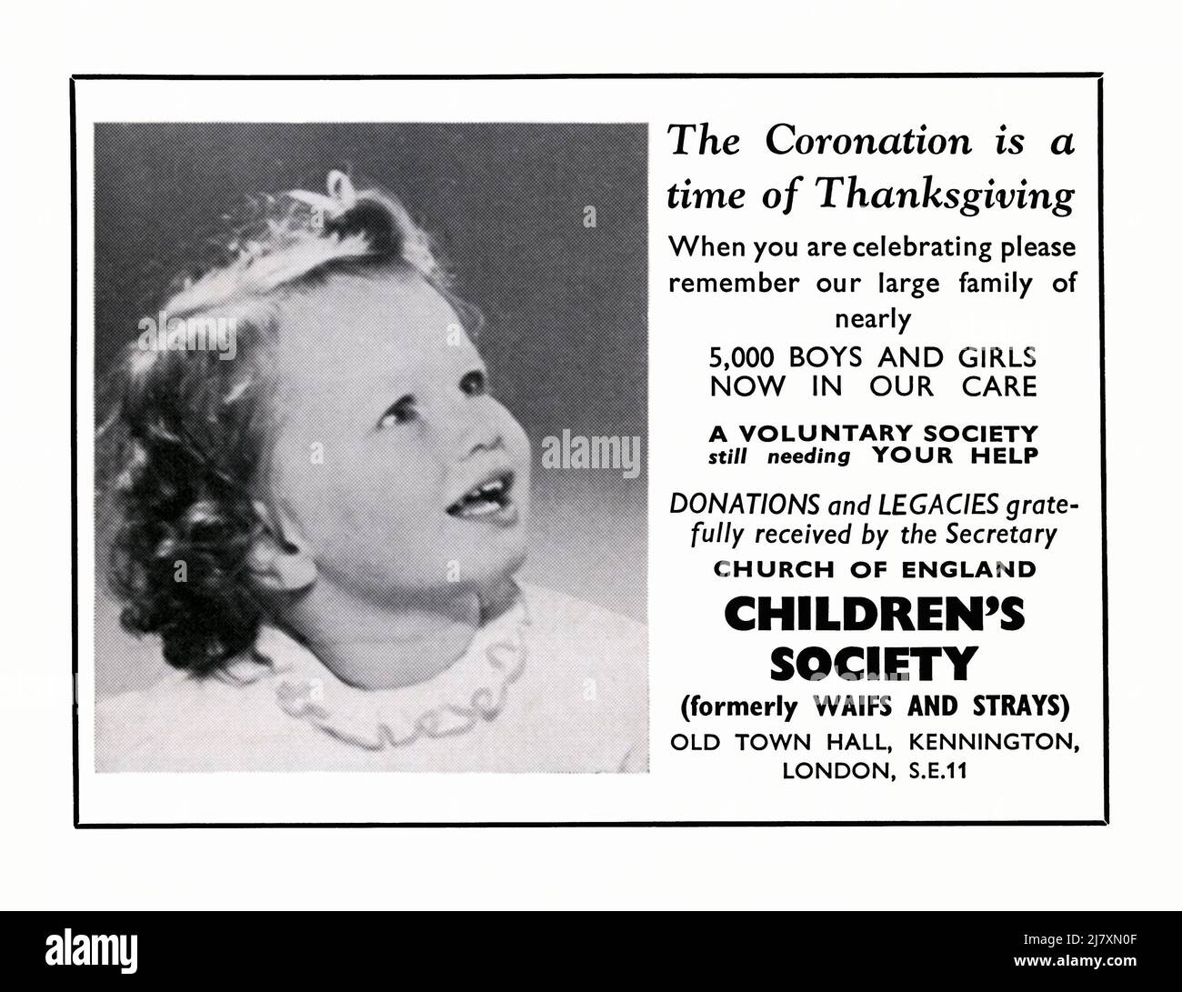 A 1953 advert for The Children’s Society. The advert appeared in a magazine published in the UK in June that year – the issue was a special edition, published to mark the coronation of Queen Elizabeth. It requests donations for its work. The Children's Society, formally the Church of England Children's Society, is a UK national children's charity. It was founded by Edward Rudolf. In 1881 a new organisation was registered as the Church of England Central Home for Waifs and Strays. It kept this name until 1946 – vintage 1950s graphics for editorial use. Stock Photo