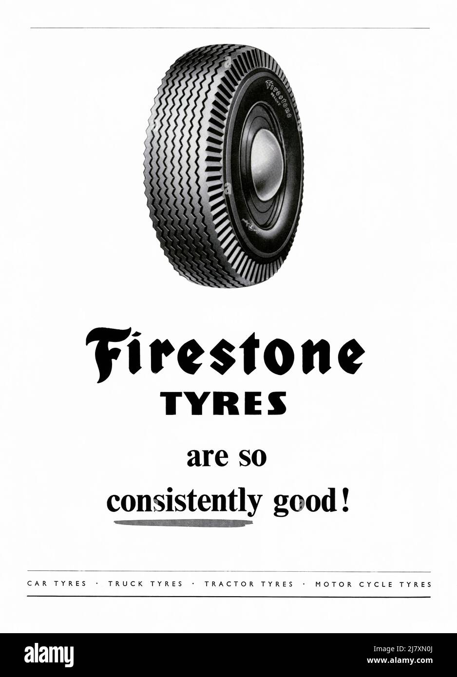 A 1953 advert for Firestone Tyres. The advert appeared in a magazine published in the UK in June that year – the issue was a special edition, published to mark the coronation of Queen Elizabeth. The advert mentions its many markets – car, truck, tractor and motor cycle tyres. Firestone Tire and Rubber Company is an American tyre (tire) company founded by Harvey Firestone in 1900. It became the original supplier to Ford Motor Company automobiles. In 1988 the company was sold to the Japanese Bridgestone Corporation – vintage 1950s graphics for editorial use. Stock Photo