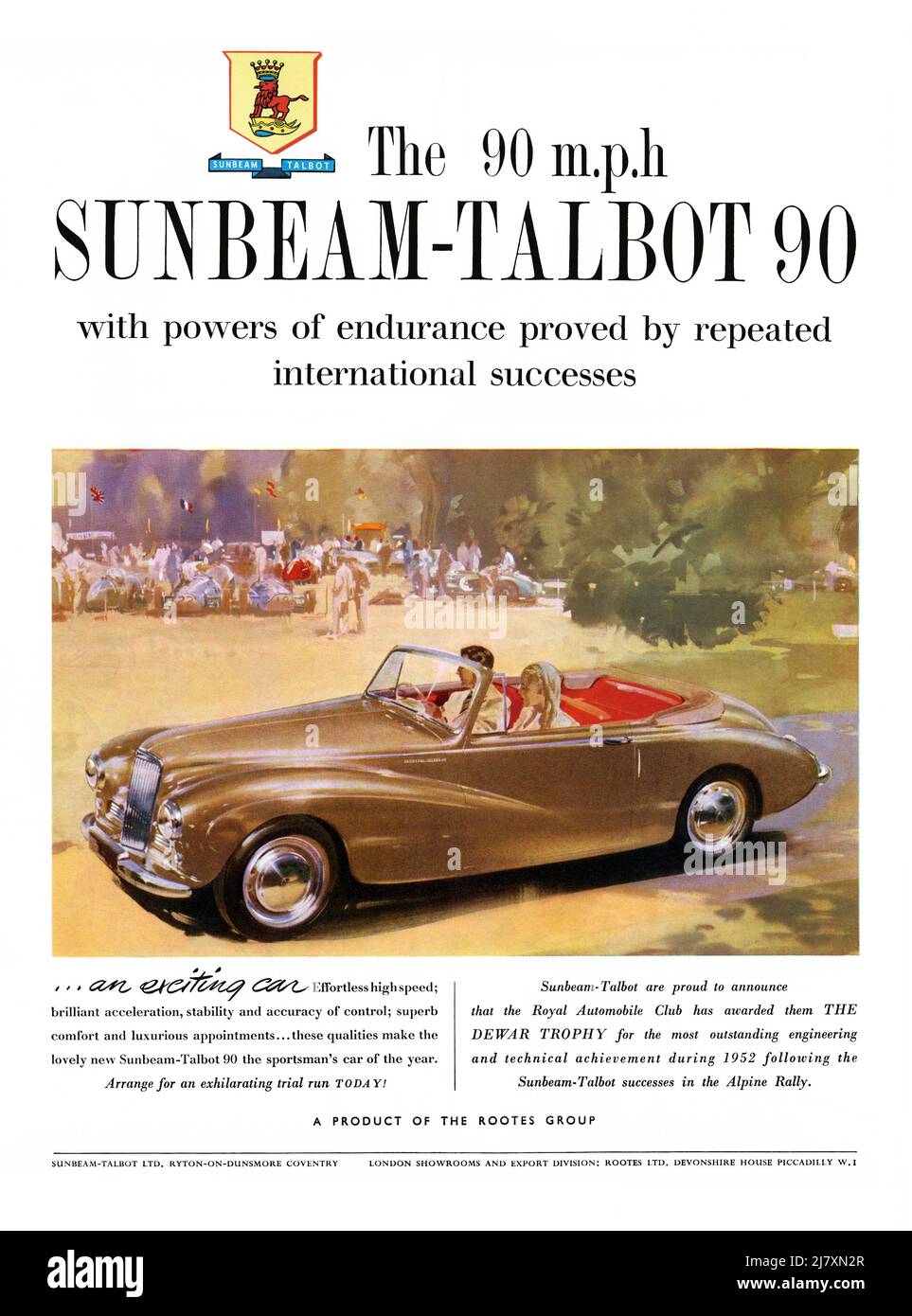 A 1953 advert for a Sunbeam Talbot 90 convertible car. The advert appeared in a magazine published in the UK in June that year – the issue was a special edition, published to mark the coronation of Queen Elizabeth. The illustration shows The Sunbeam-Talbot 90 with its top down. The automobile was produced from 1948 to 1954 by the Rootes Group in Ryton-on-Dunsmore, Coventry, England, UK. It was available as a 4-door 4-light sports saloon or 2-door drophead coupe – vintage 1950s graphics for editorial use. Stock Photo