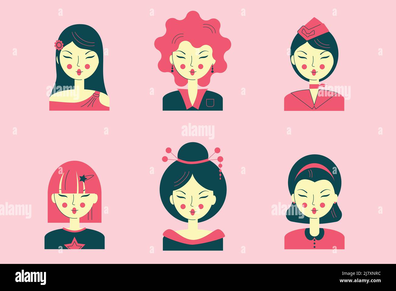 Set of avatars with asian girls profession suit career. Pink cute set with girl black hair illustration vector Stock Vector