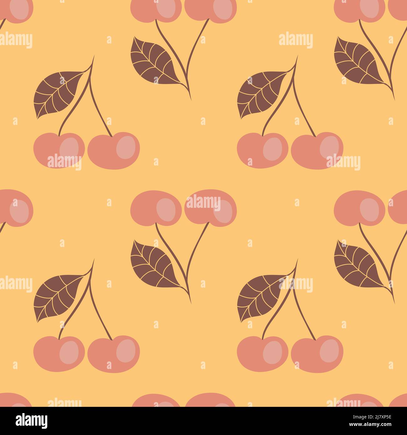 Cherry berry on yellow pastel color background, seamless pattern for