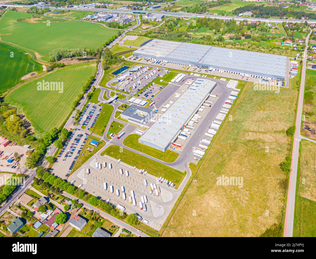 Aerial view of warehouse storages or industrial factory or logistics