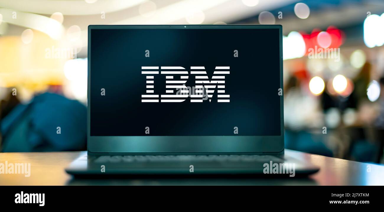 POZNAN, POL - APR 7, 2022: Laptop computer displaying logo of IBM, an American cloud platform and cognitive solutions multinational technology and con Stock Photo