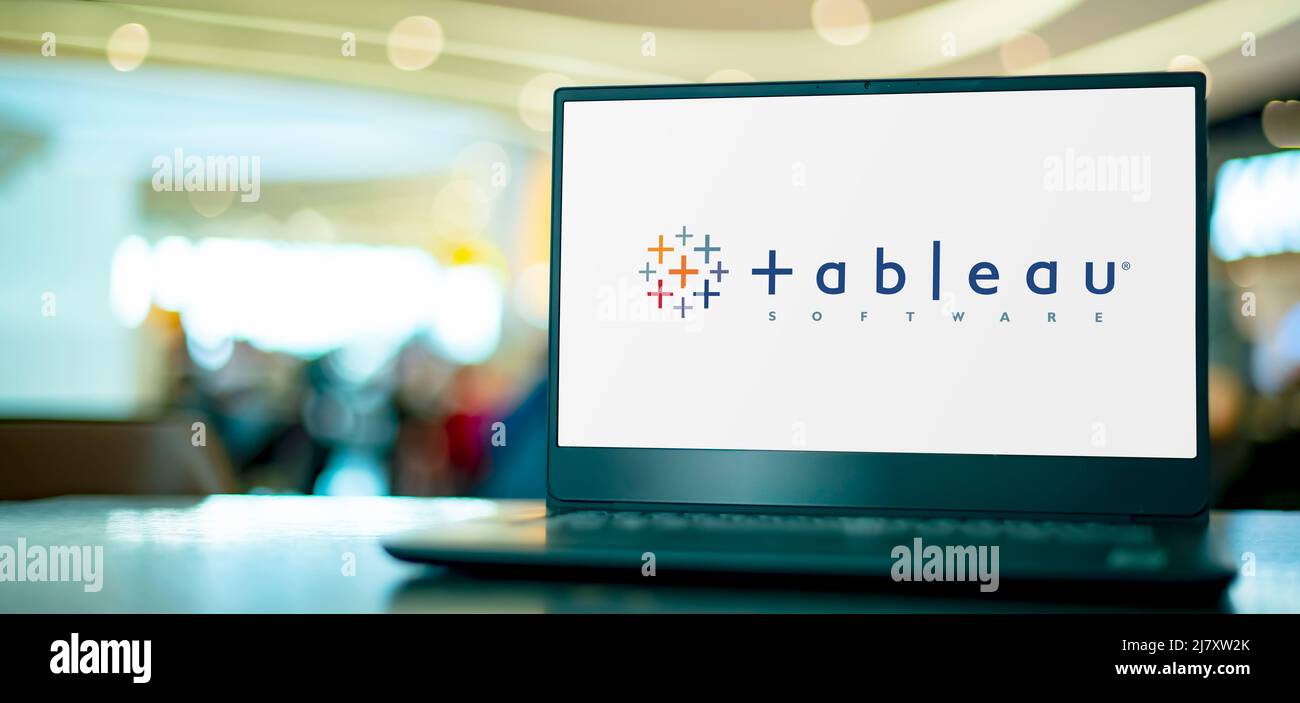 POZNAN, POL - APR 7, 2022: Laptop computer displaying logo of Tableau Software, an interactive data visualization software company Stock Photo