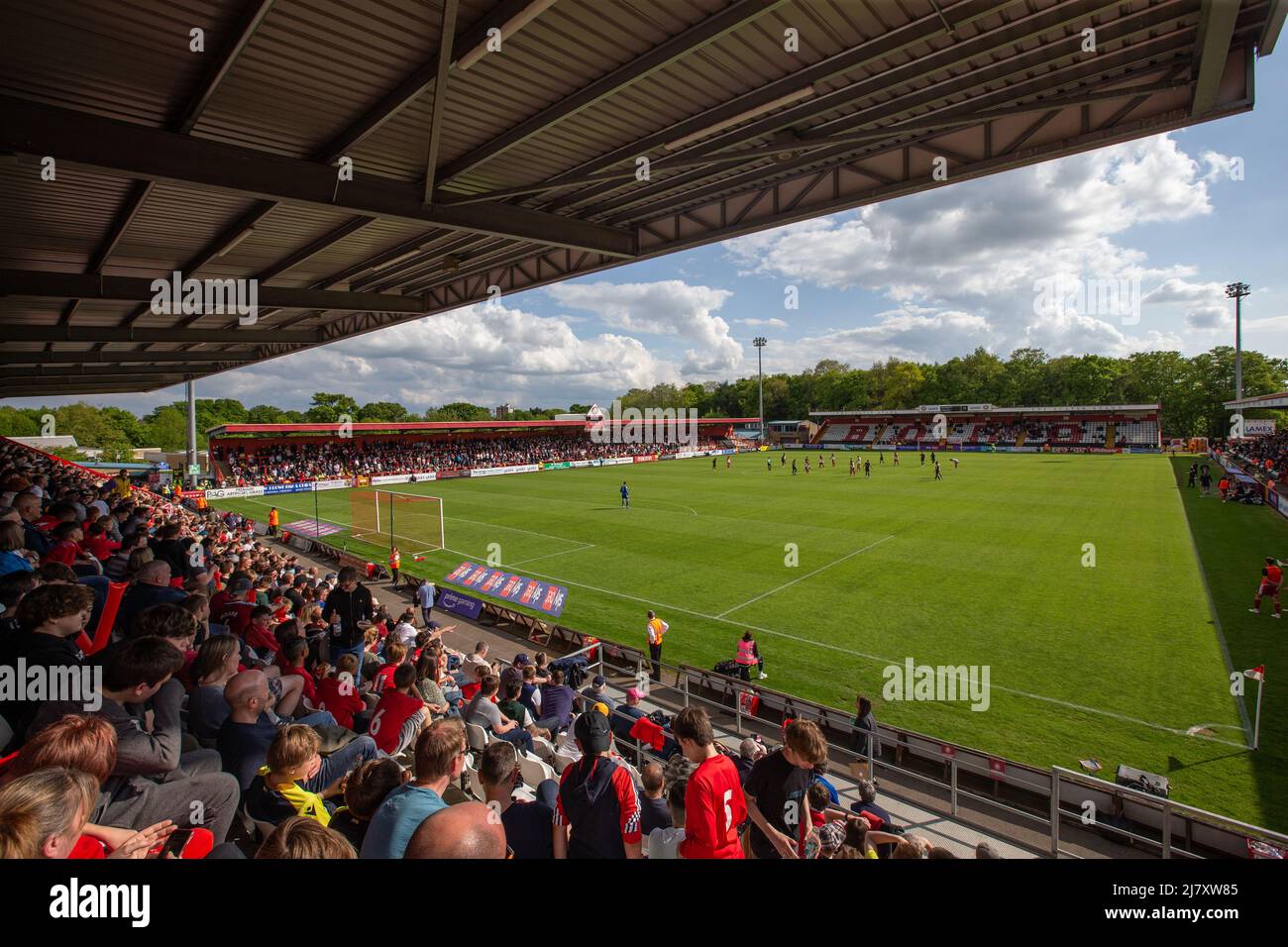General view looking out onto the pitch at The Lamex Stadium, home of Stevenage Football Club from the North Stand  during match Stock Photo