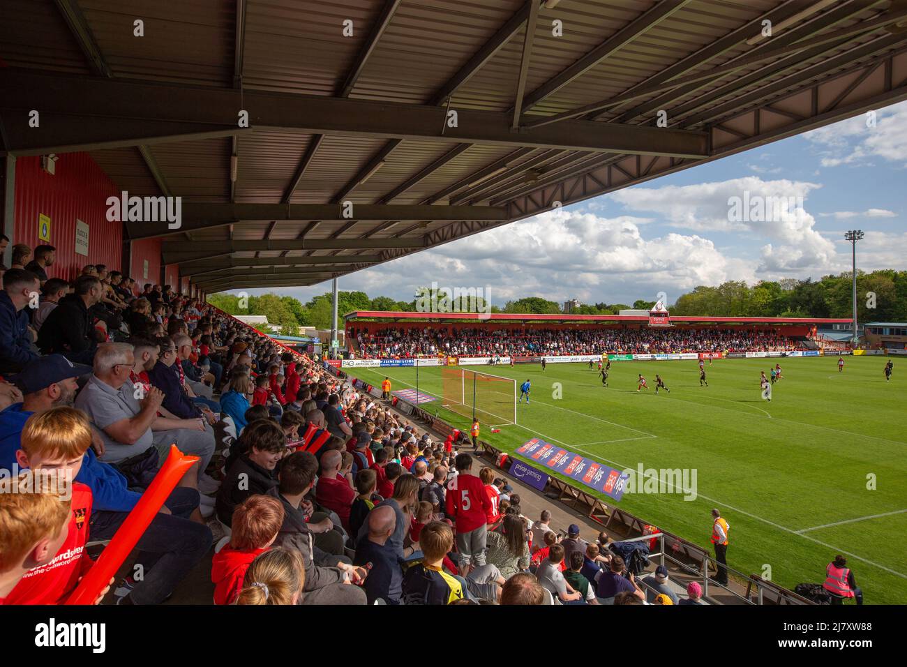General view looking out onto the pitch at The Lamex Stadium, home of Stevenage Football Club from the North Stand  during match Stock Photo