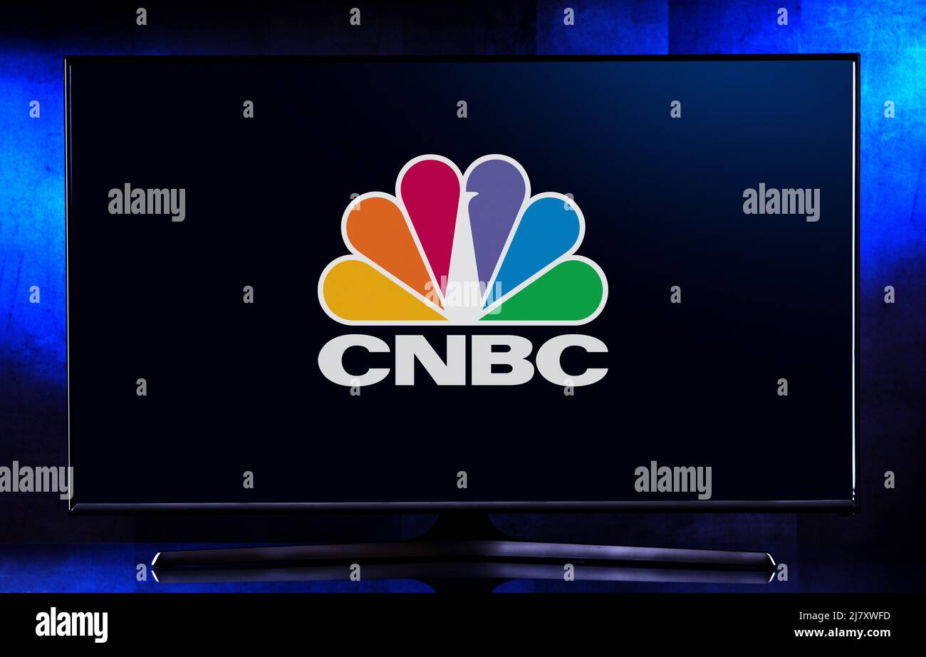 POZNAN, POL FEB 05, 2022 Flatscreen TV set displaying logo of CNBC
