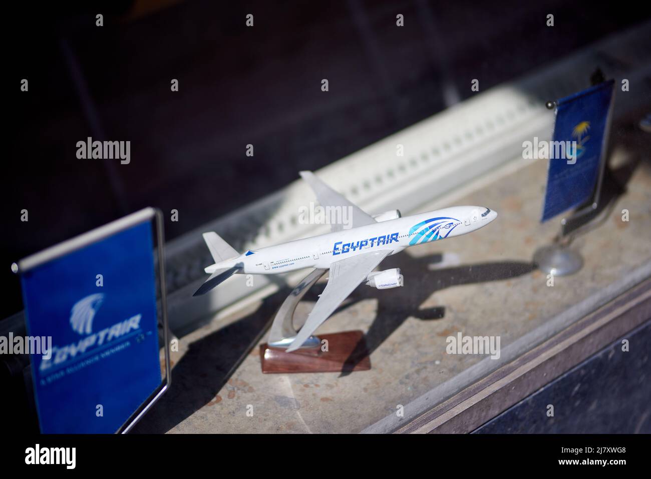 Egyptair model plane on stand Stock Photo