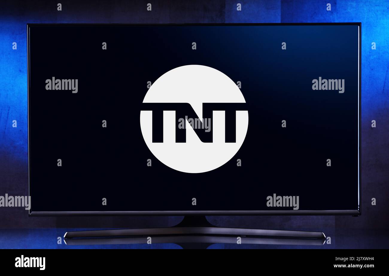 POZNAN, POL - MAR 25, 2022: Flat-screen TV set displaying logo of TNT, an American basic cable television channel owned by WarnerMedia Studios & Netwo Stock Photo