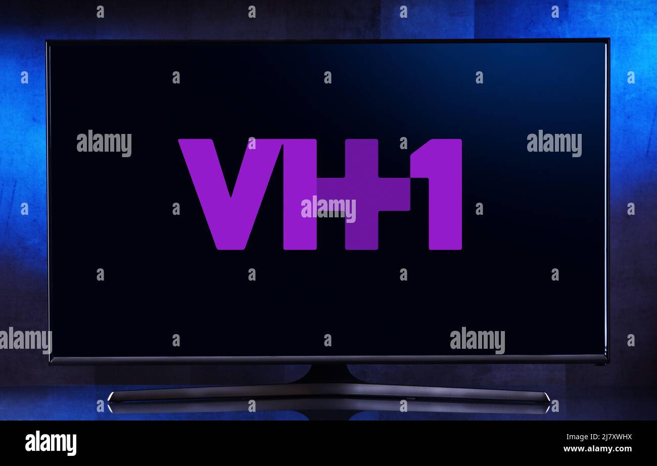 POZNAN, POL - MAR 25, 2022: Flat-screen TV set displaying logo of VH1, an American basic cable television network based in New York City and owned by Stock Photo