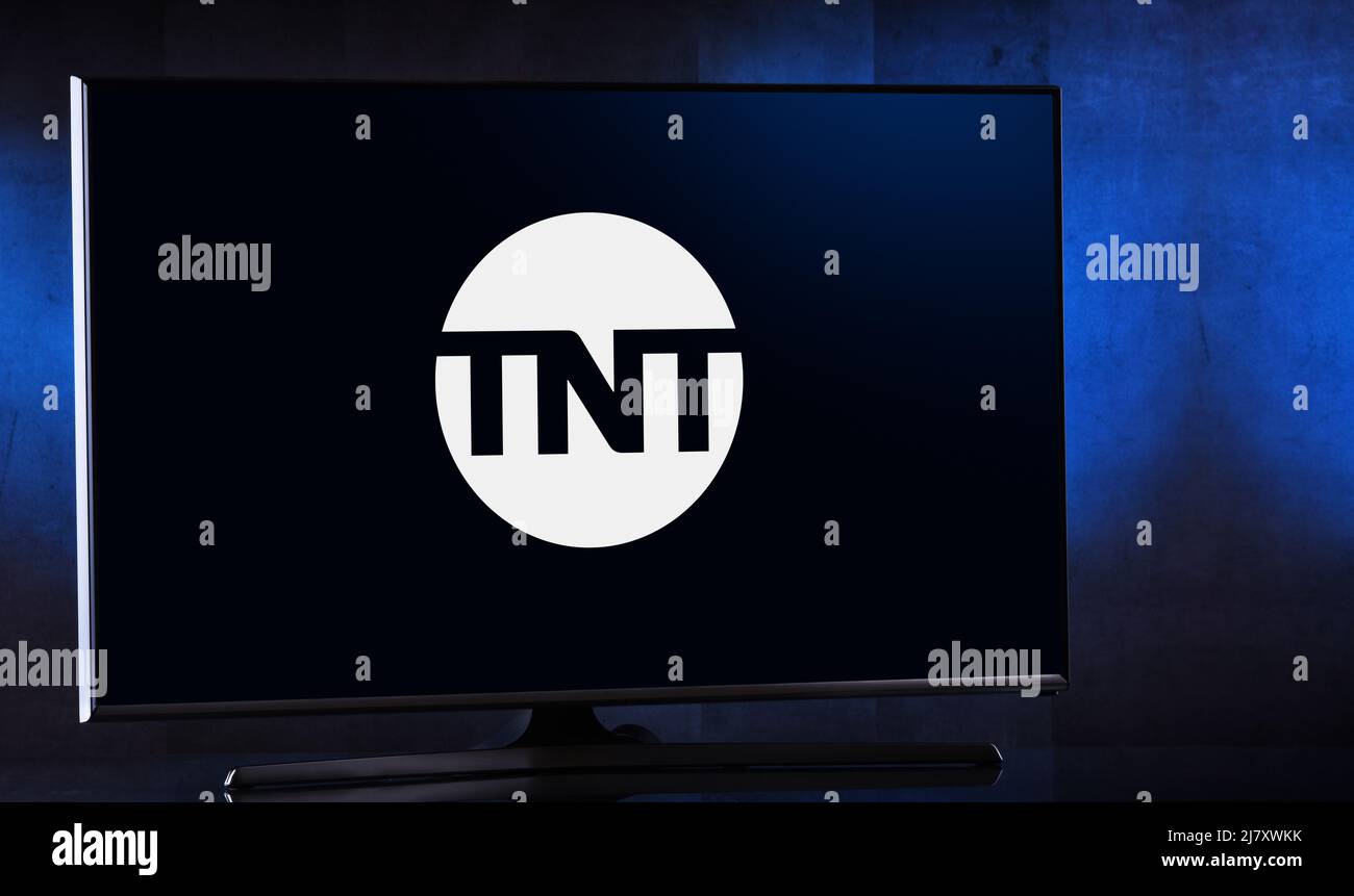 POZNAN, POL - MAR 25, 2022: Flat-screen TV set displaying logo of TNT, an American basic cable television channel owned by WarnerMedia Studios & Netwo Stock Photo