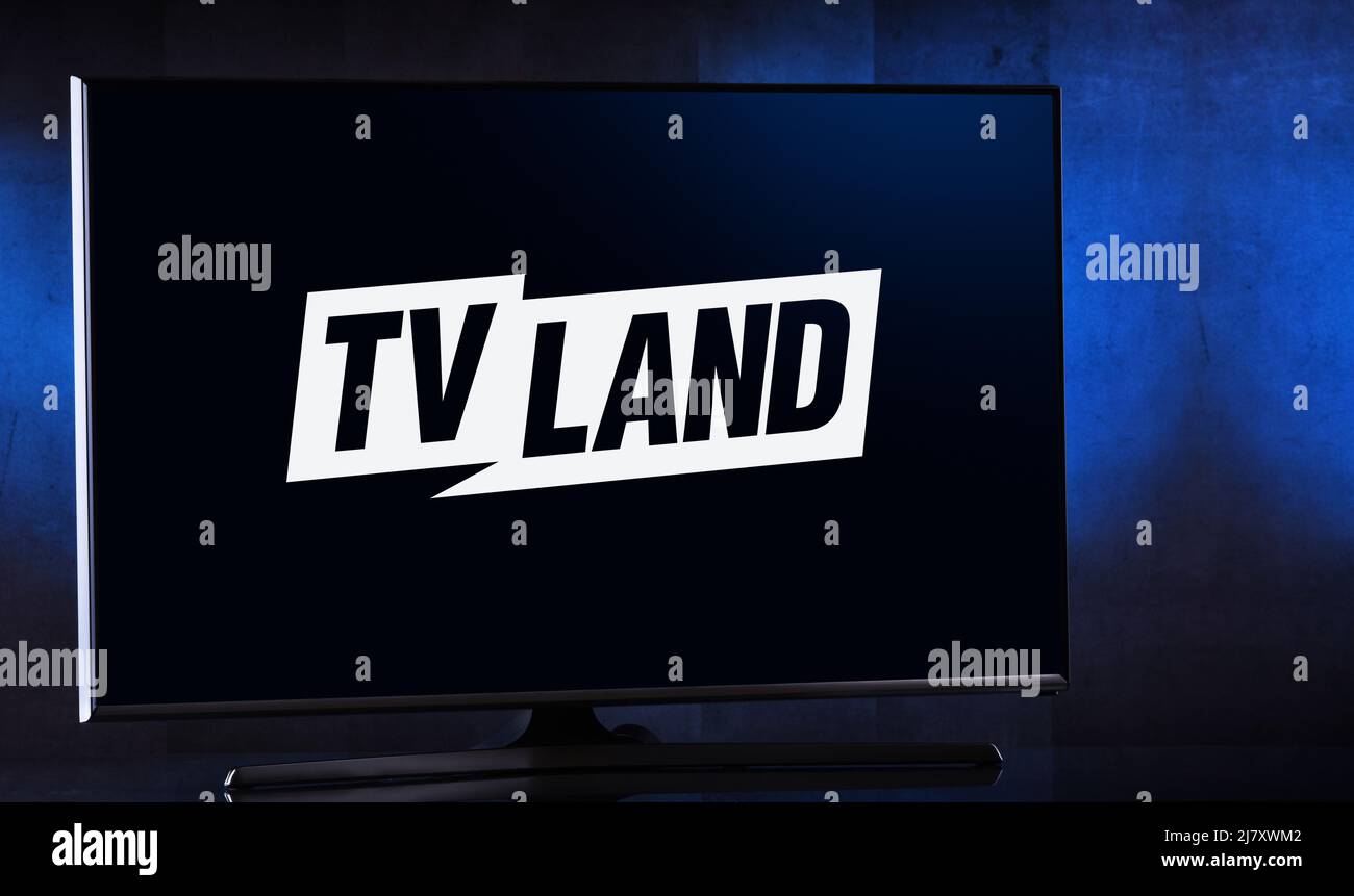 POZNAN, POL - MAR 25, 2022: Flat-screen TV set displaying logo of TV Land, an American pay television channel owned by Paramount Global through its ne Stock Photo