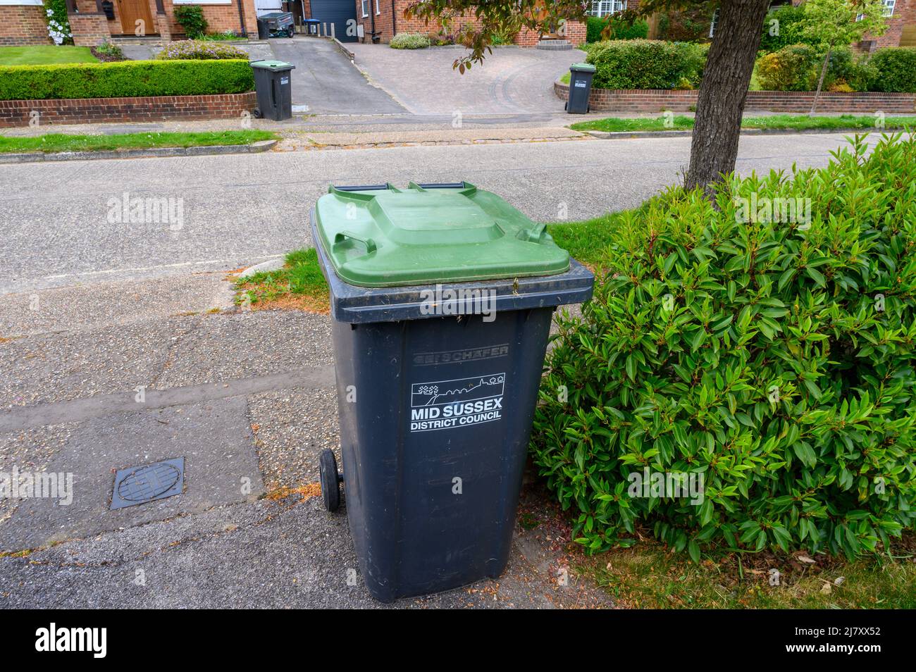 Green bins in residential road ready for collection. Stock Photo