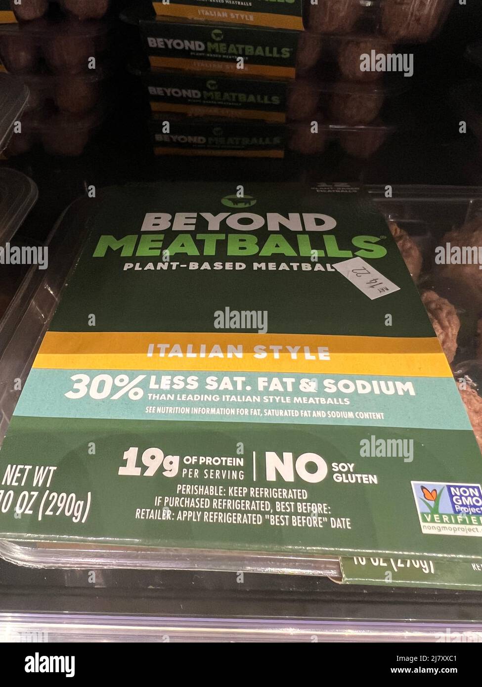 Beyond Meatballs, plant-based meatballs, with new packaging on the refrigerator shelf at a grocery store. Stock Photo