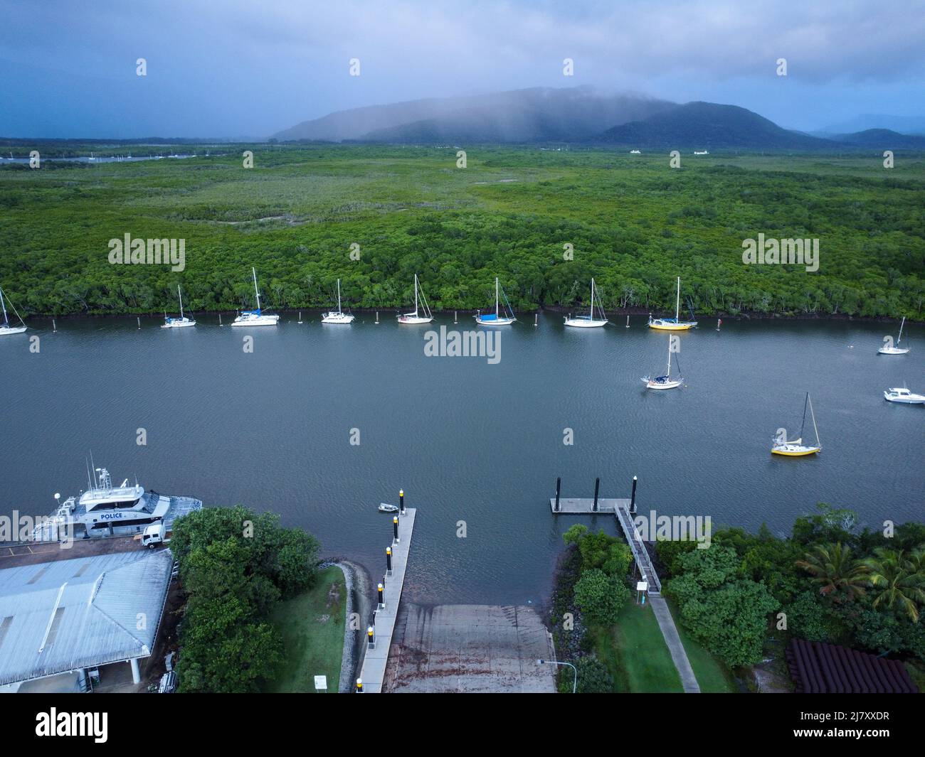 Aerial view of boat ramp and marina at dusk Stock Photo Alamy