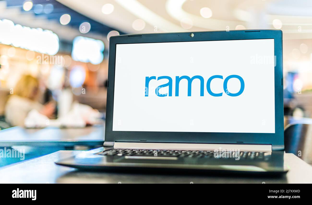 POZNAN, POL - DEC 8, 2021: Laptop computer displaying logo of Ramco ...