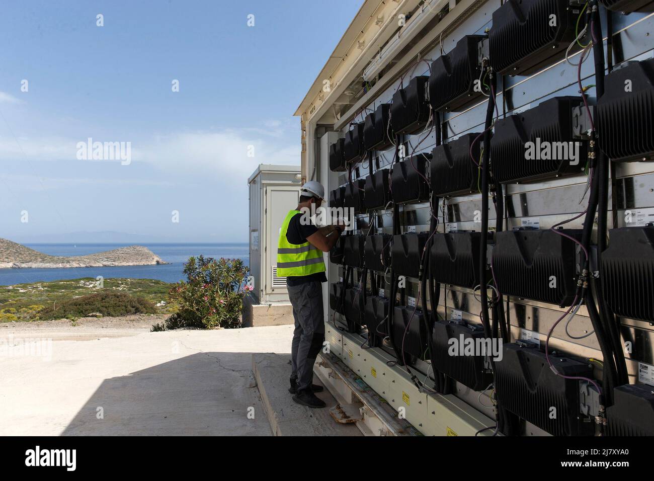 Athens, Greece. 9th May, 2022. An employee works by the batteries of the  energy storage system on the island of Tilos, Greece, May 9, 2022. Tilos, a  small island at the southeastern